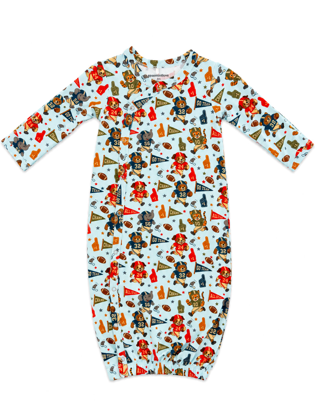 Colorful baby sleep sack with a sports theme featuring bears, footballs, and playful patterns.
