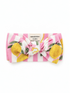 Pink striped baby headband with lemon print, featuring a large bow, labeled "spear mint love." For ages 0-3 months.