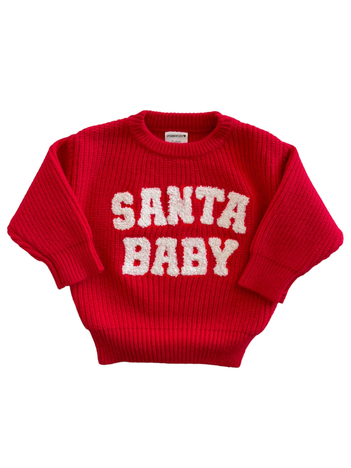 Red knitted sweater with "SANTA BABY" in fluffy white letters displayed prominently on the front.
