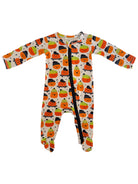 Baby onesie with colorful pumpkin and candy corn design, featuring a front zipper and footed legs.