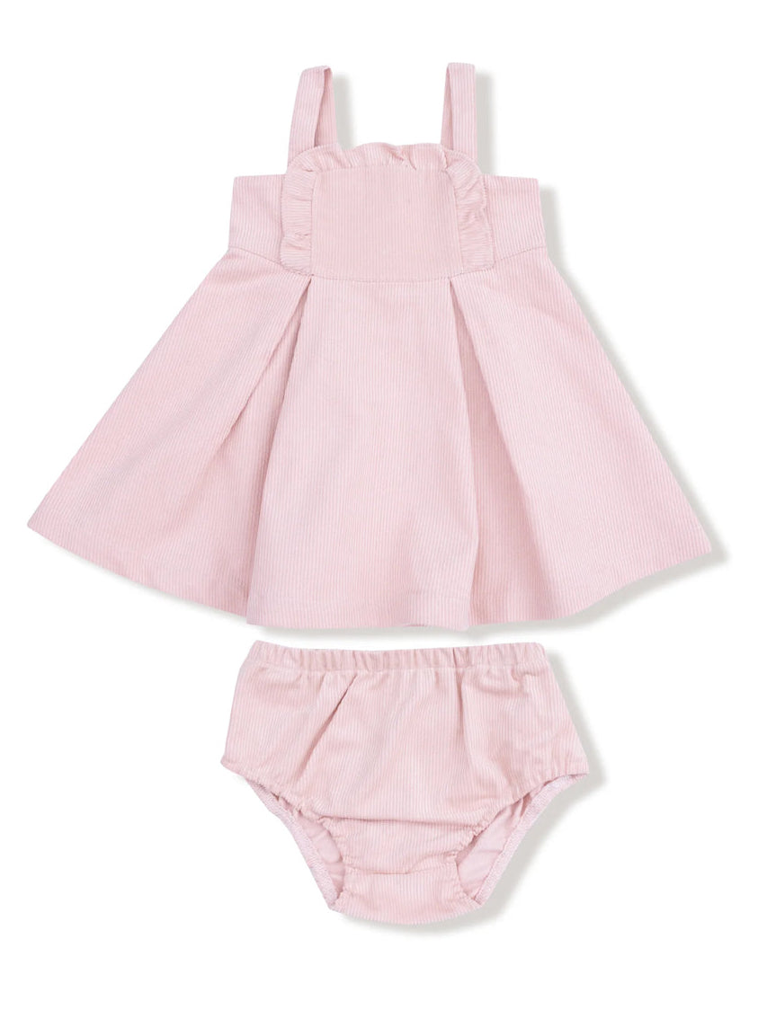 Pink striped toddler dress with matching bloomers, featuring thin straps and a flared silhouette.