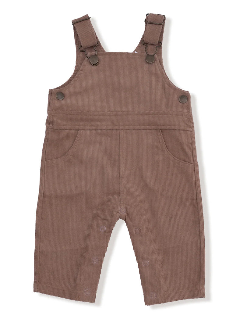 Brown corduroy overalls with adjustable straps and front pockets, designed for children.