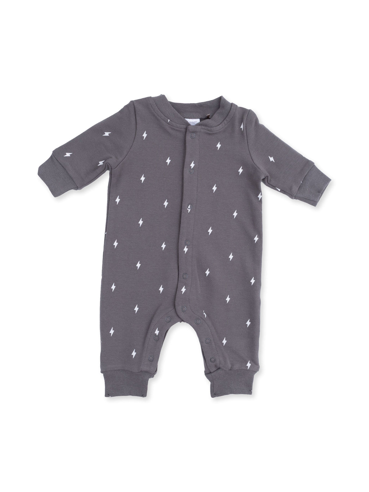 Gray baby onesie with white lightning bolt pattern and snap buttons.