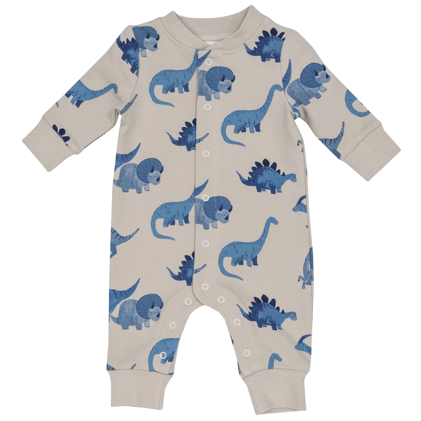 French Terry Baseball Collar Romper, Blue Dinos