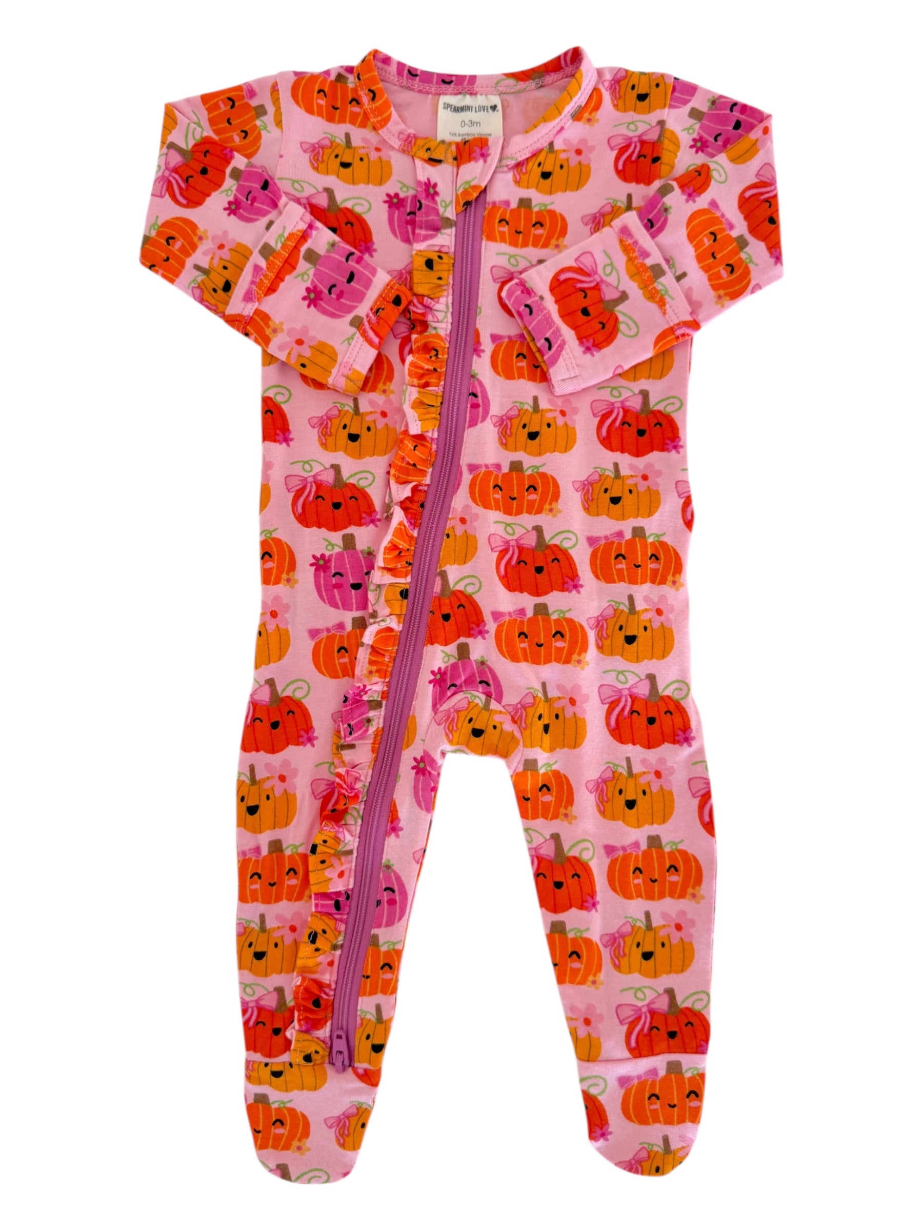 Pink baby onesie with colorful pumpkin pattern and ruffles, featuring a front zipper closure. Perfect for fall.
