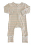 Striped baby onesie with long sleeves and a front zipper, designed for comfort and ease of dressing.