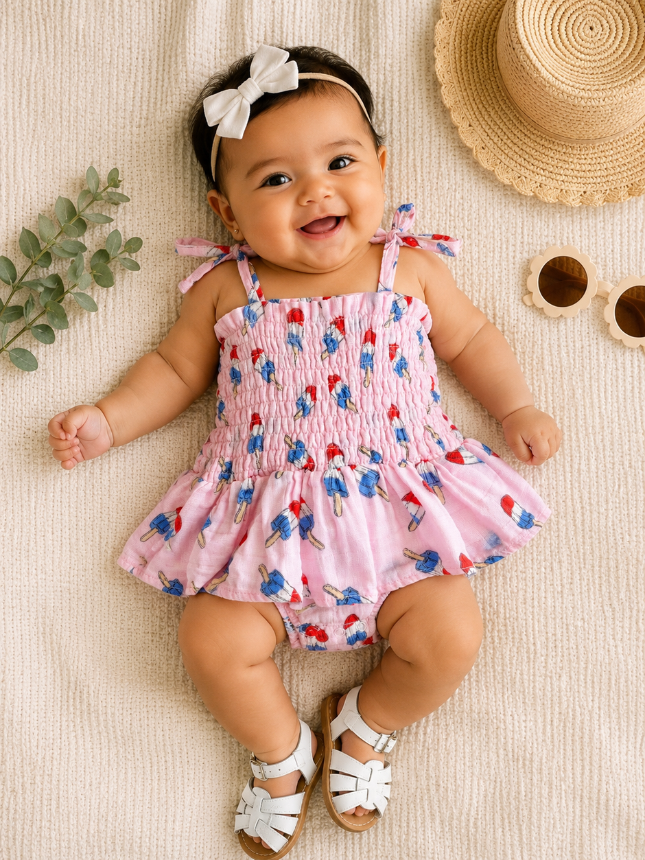 Muslin Smocked Bubble w/ Skirt, Pink Red, White & Blue Popsicle