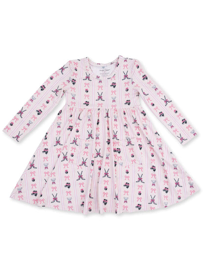 Long Sleeve Twirly Dress, Bowtiful Hockey Stripe