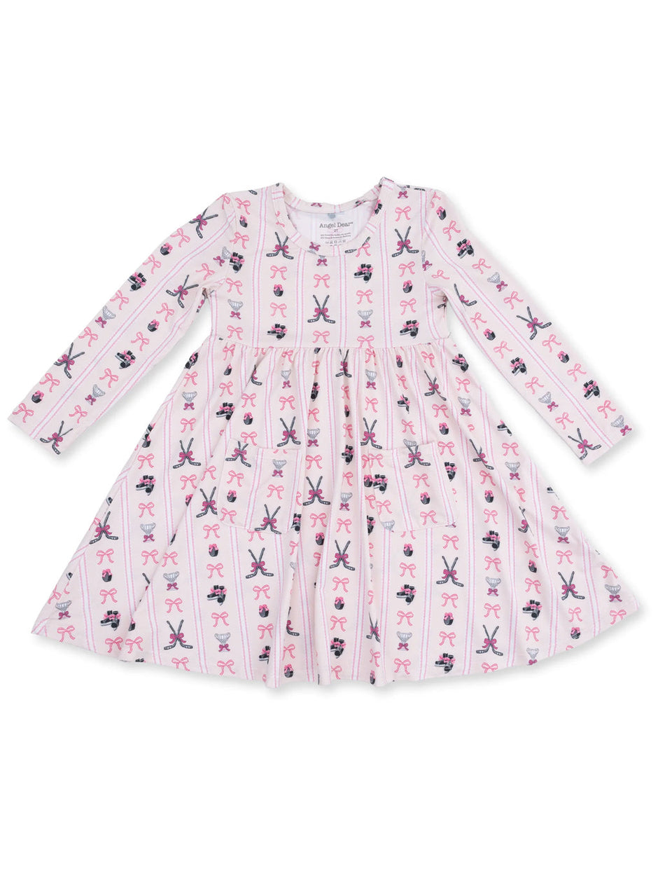 Long Sleeve Twirly Dress, Bowtiful Hockey Stripe