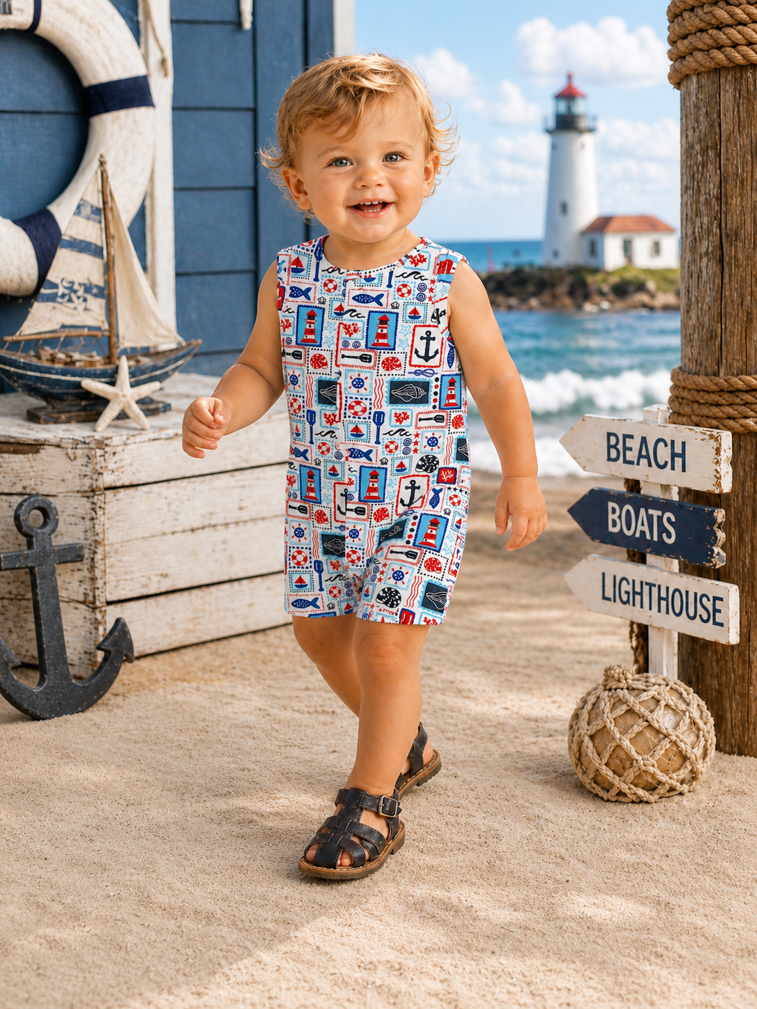 Smiling toddler in a colorful nautical outfit at the beach, with a lighthouse and signposts in the background.