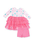 Pink ruffled dress with a white patterned top and matching shorts. Perfect for girls’ casual wear and special occasions.