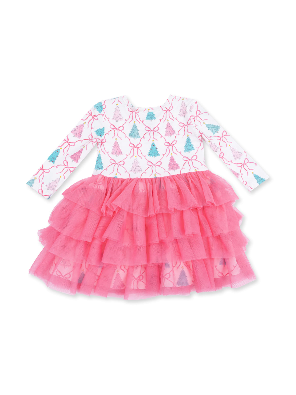 Pink ruffled dress with white top featuring colorful tree and ribbon pattern, ideal for festive occasions.