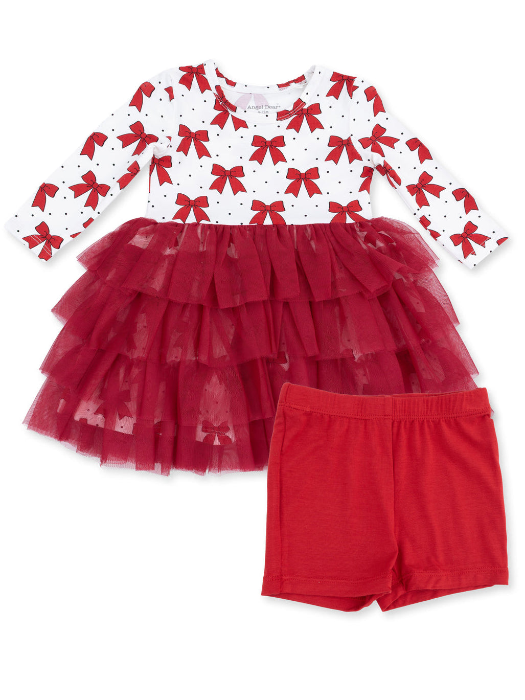 Red bow print dress with tulle ruffle skirt and matching red shorts, perfect for festive occasions.