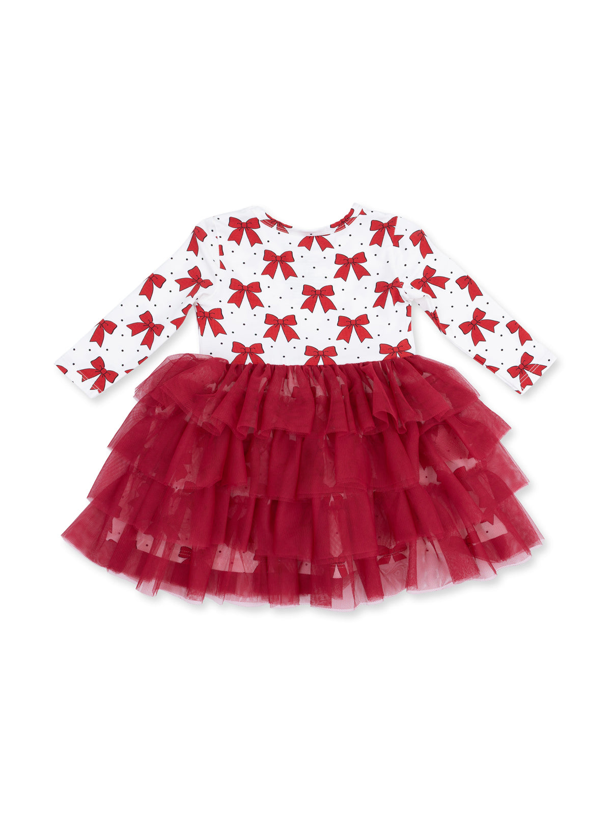 Red bow print dress with long sleeves and a layered tulle skirt, suitable for special occasions.