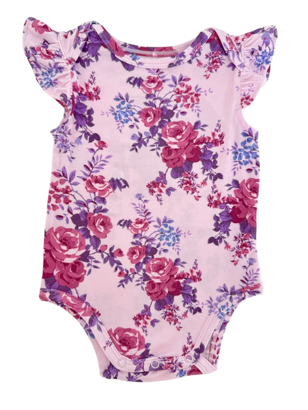 Floral baby onesie in pink with purple and red roses and flutter sleeves. Ideal for spring and summer outfits.