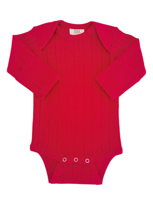 Red long-sleeve baby bodysuit with textured stripes and snap closure at the bottom.