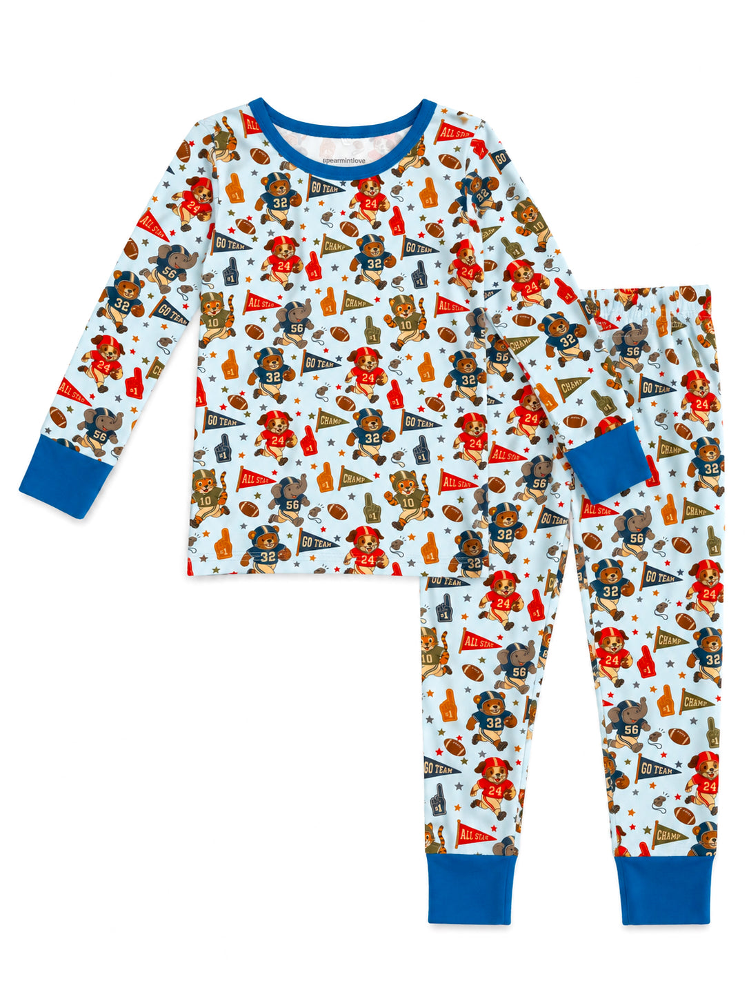 Kids' blue pajama set featuring playful bears, sports gear, and vibrant patterns for a fun sleepwear option.