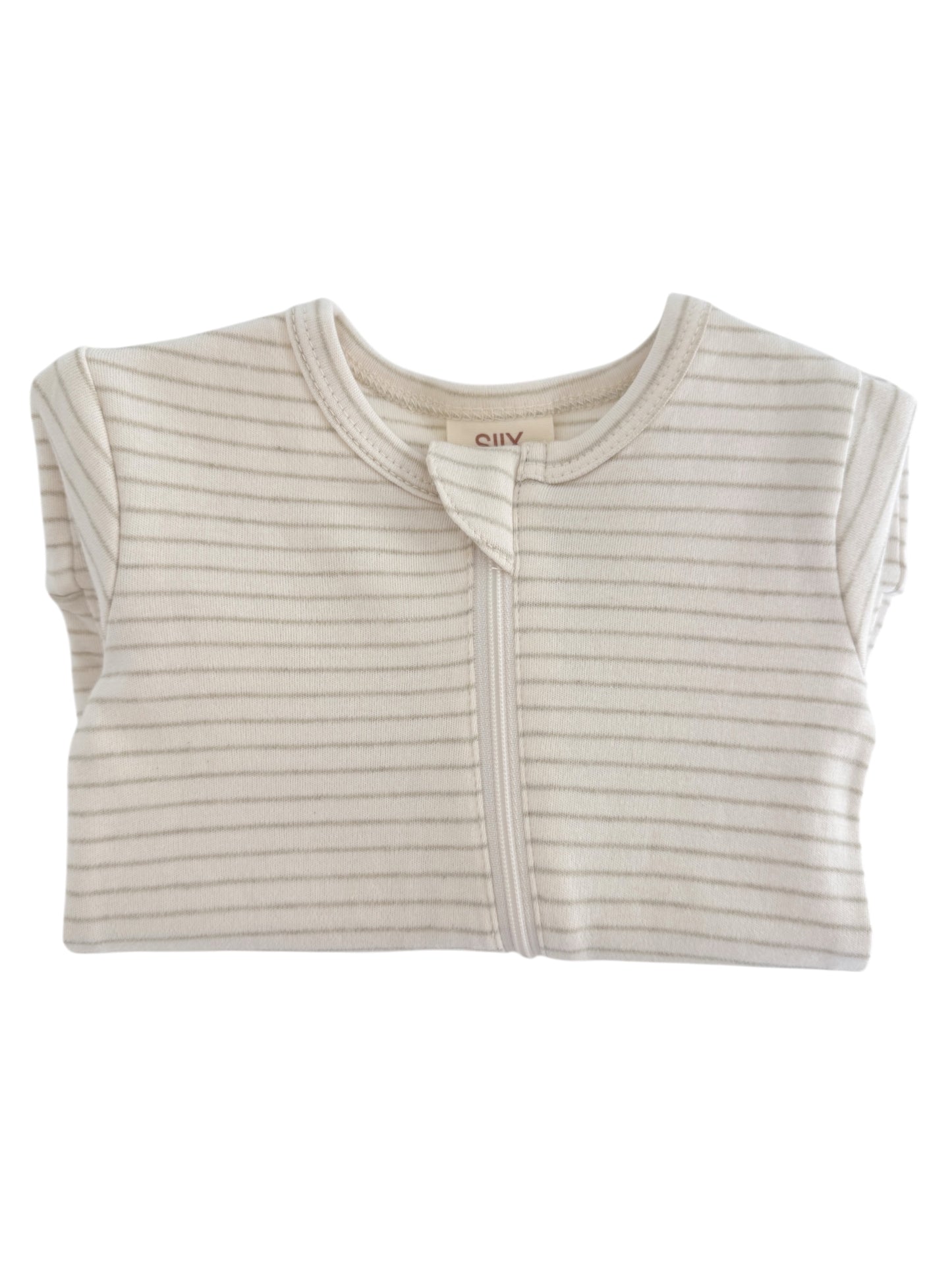 Lightly striped infant onesie with snap closure, folded neatly on a white background. Cozy and stylish babywear.