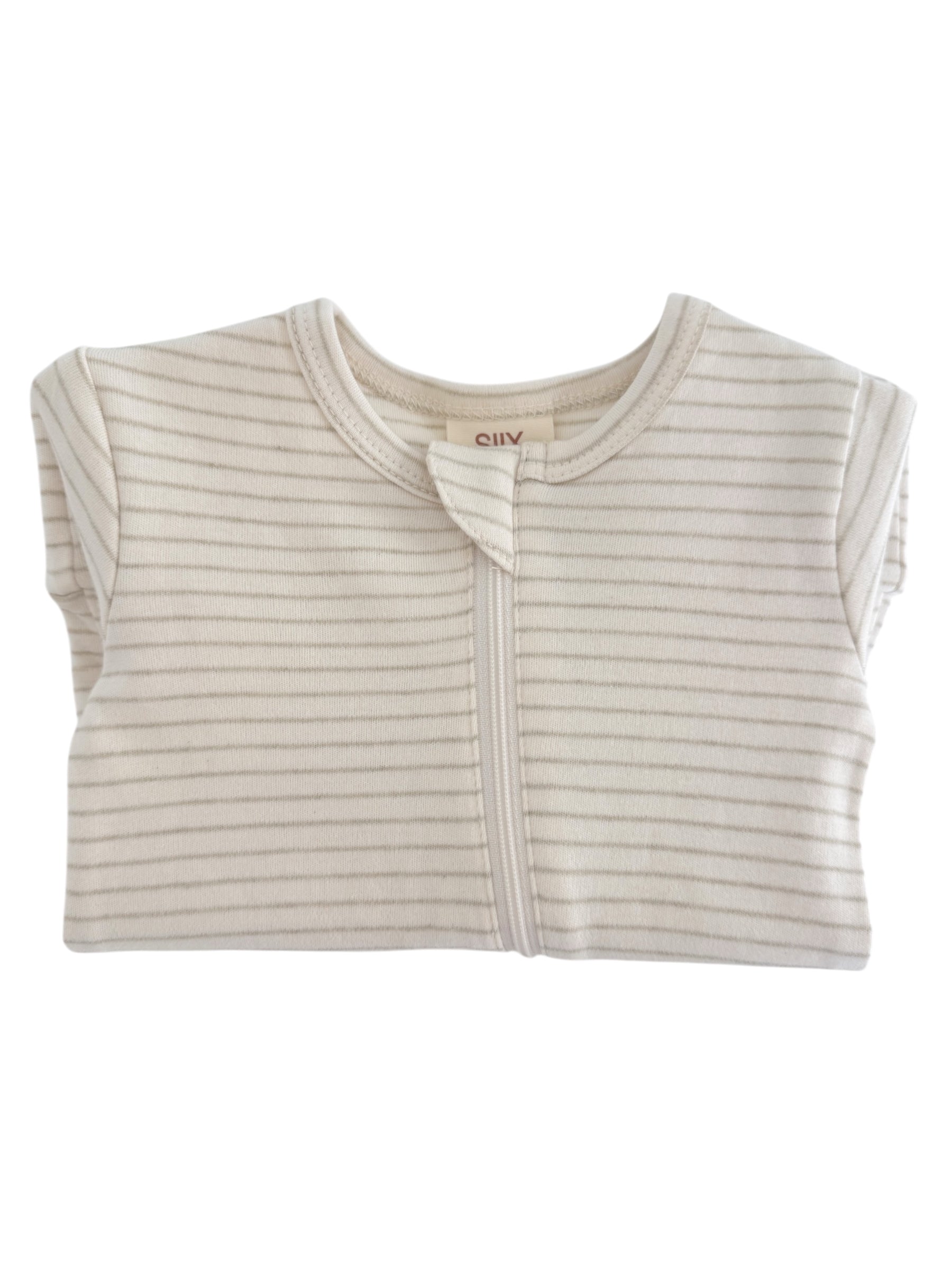 Lightly striped infant onesie with snap closure, folded neatly on a white background. Cozy and stylish babywear.