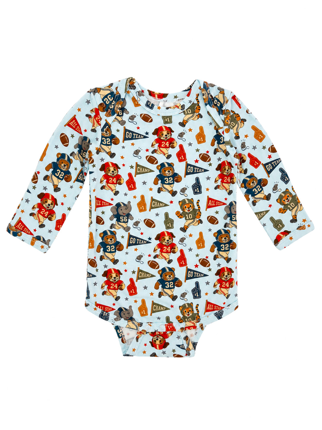 Baby bodysuit with colorful bear designs, footballs, and sports-themed graphics on a light blue background.
