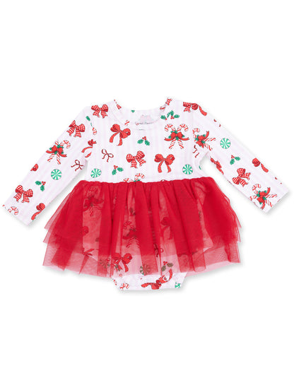 Long Sleeve Tutu Bodysuit Dress, Bows & Candy Canes