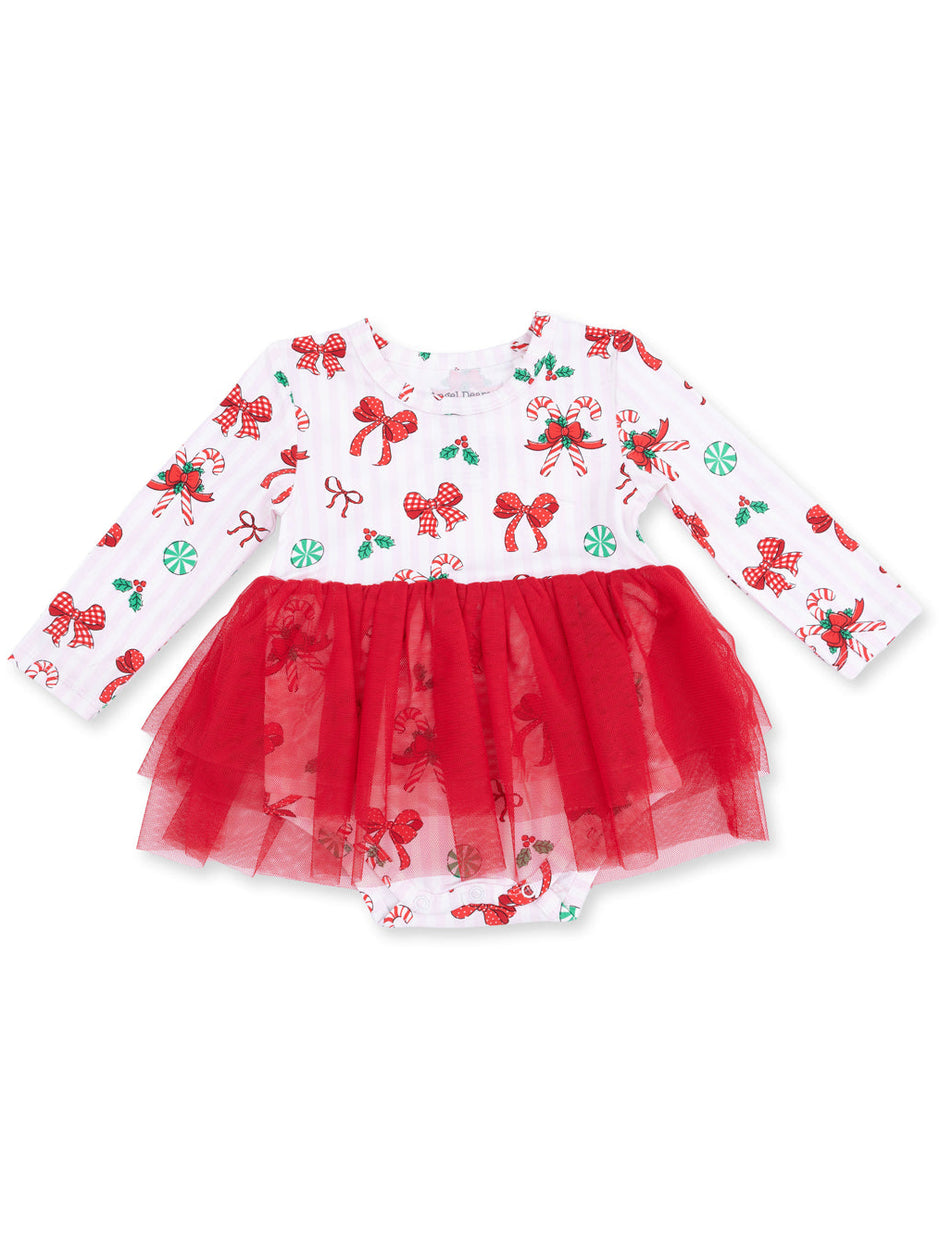 Red and white festive baby dress with candy cane and bow patterns, finished with a tulle skirt.