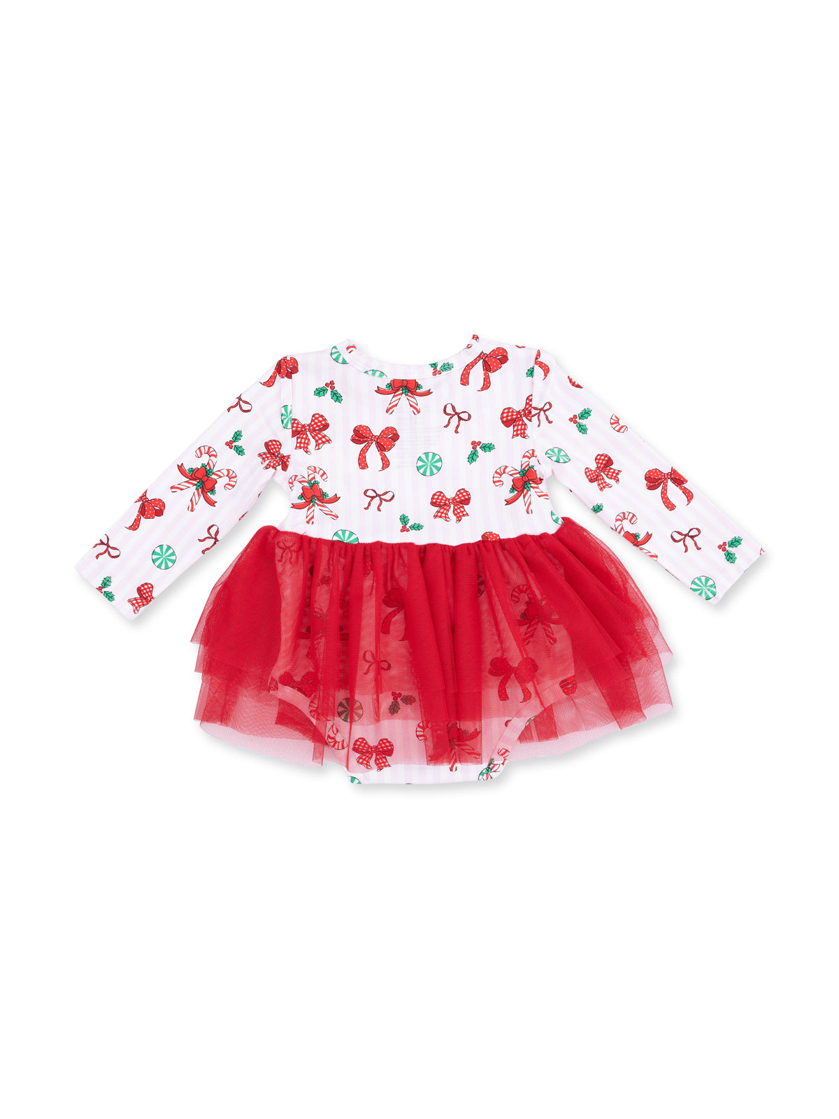 Long Sleeve Tutu Bodysuit Dress, Bows & Candy Canes