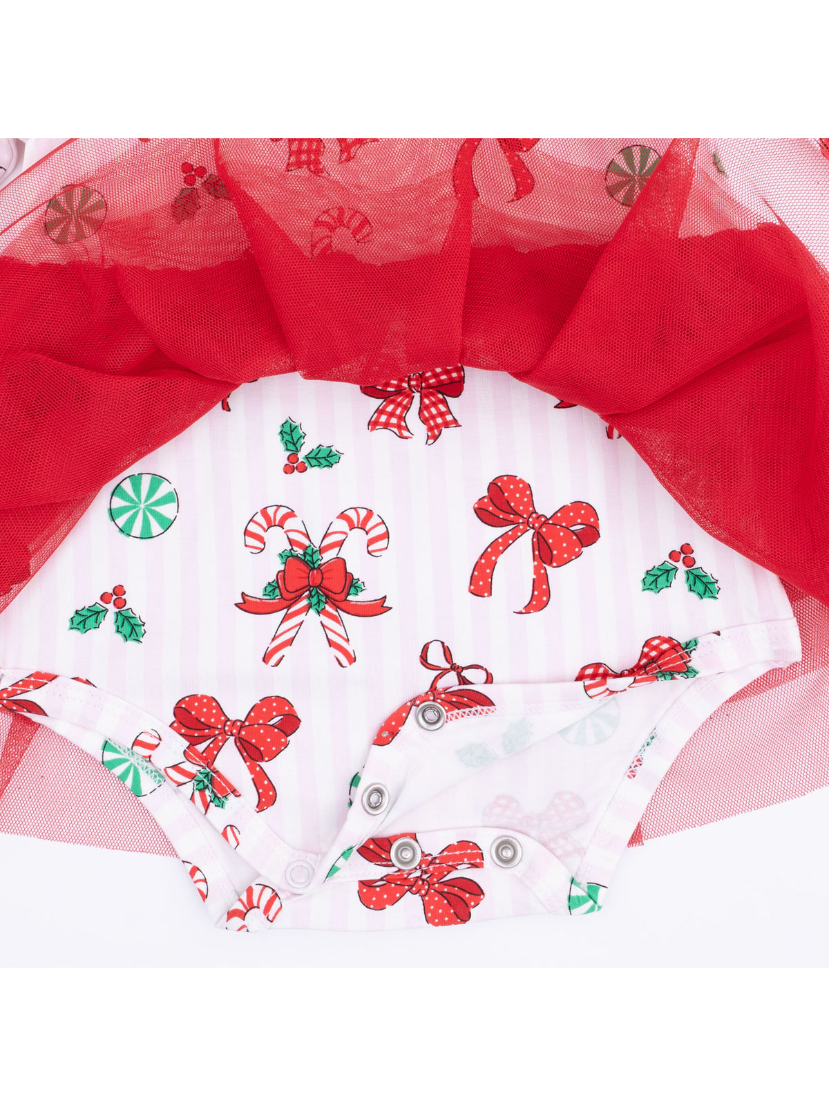 Long Sleeve Tutu Bodysuit Dress, Bows & Candy Canes