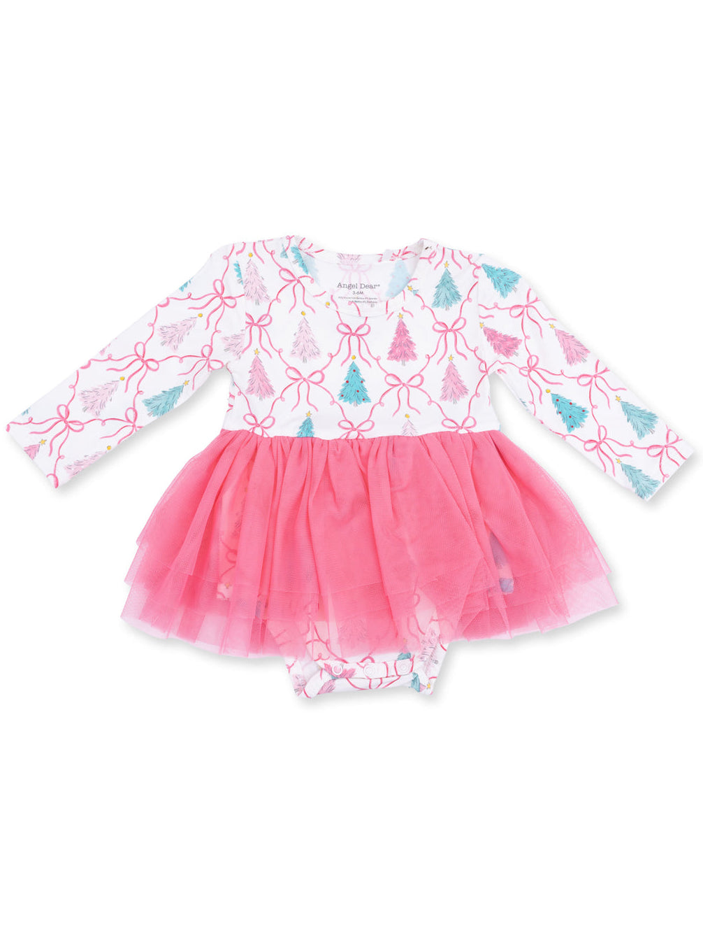 Pink tulle dress with long sleeves and a pattern of bows and trees, suitable for toddlers.