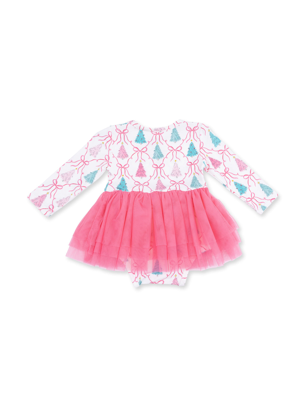 Pink tulle dress with long sleeves and festive tree patterns on the bodice, ideal for holiday celebrations.