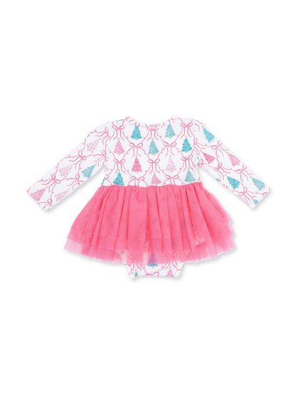 Pink tulle dress with long sleeves and festive tree patterns on the bodice, ideal for holiday celebrations.