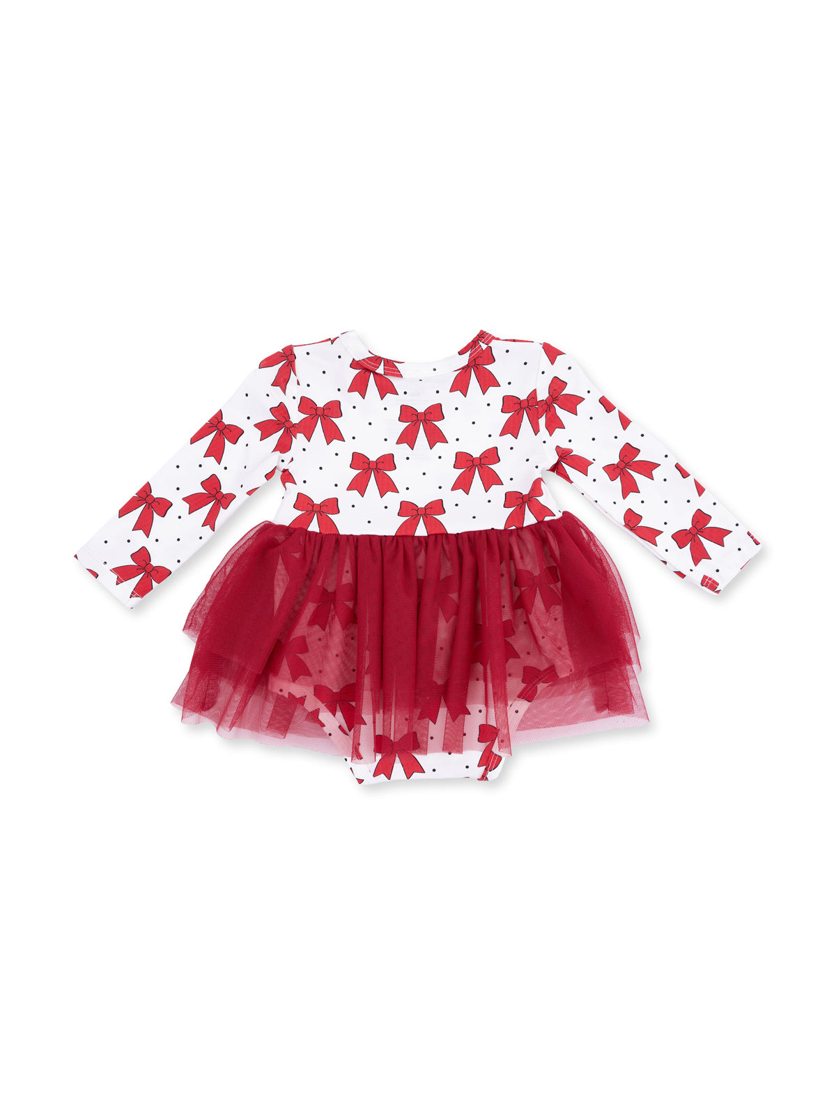 Red bow-patterned long-sleeve dress with tulle skirt for infants.