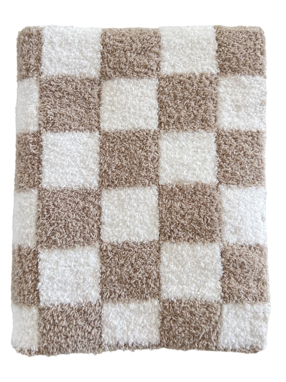 Textured checkered rug in beige and white, featuring alternating squares for a cozy, stylish accent.