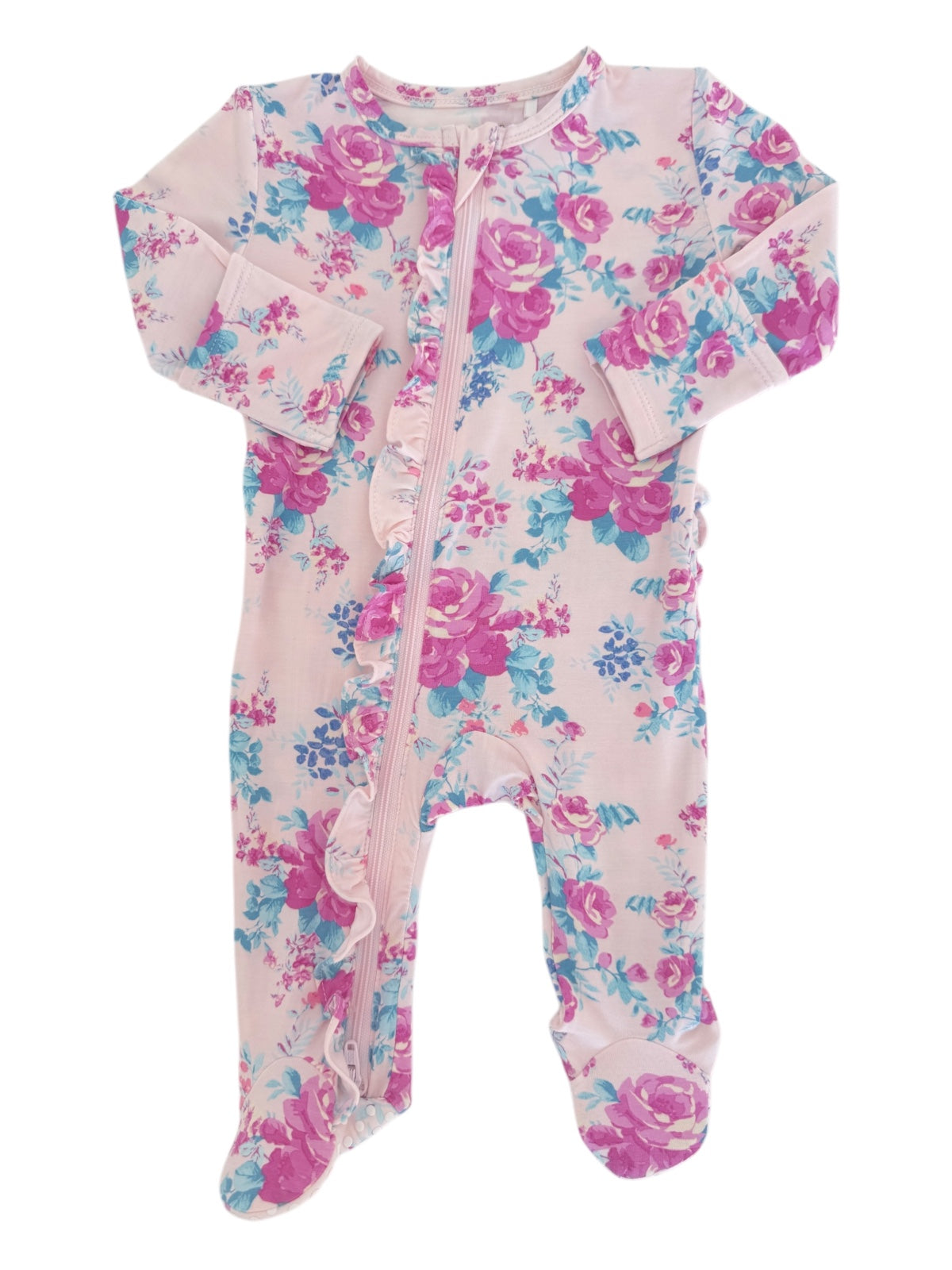 Baby onesie with floral pattern in pink and blue, featuring a front zipper and ruffled details.