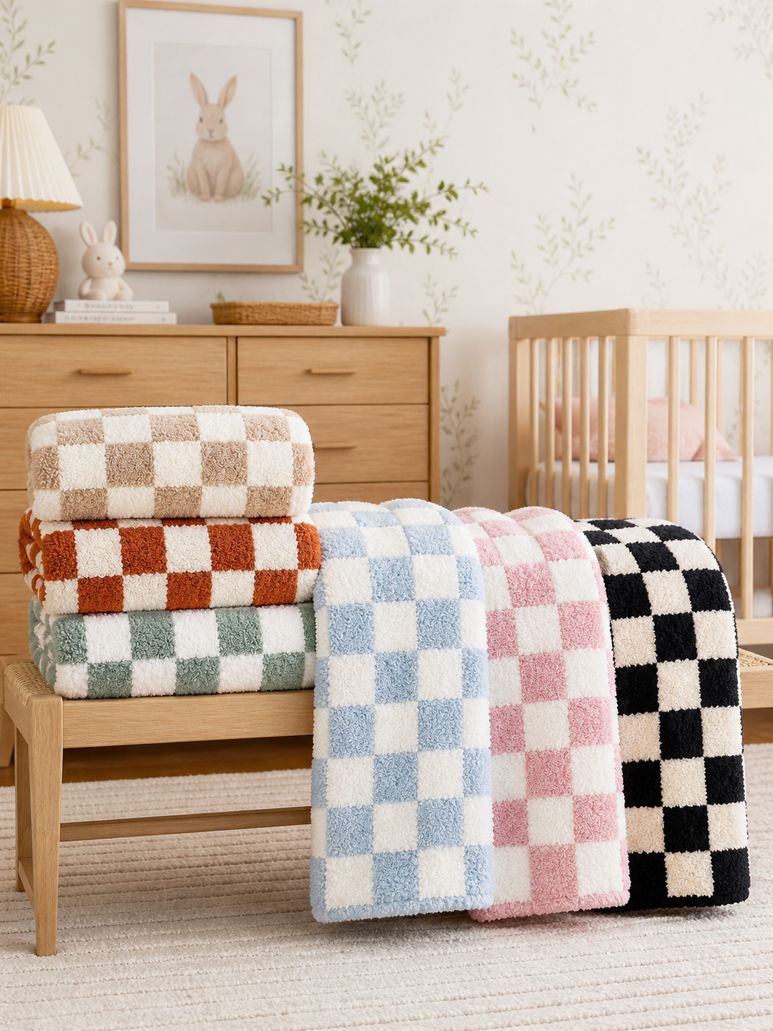 Colorful checkered blankets stacked on a wooden bench in a cozy nursery. Soft textures and warm decor ambiance.
