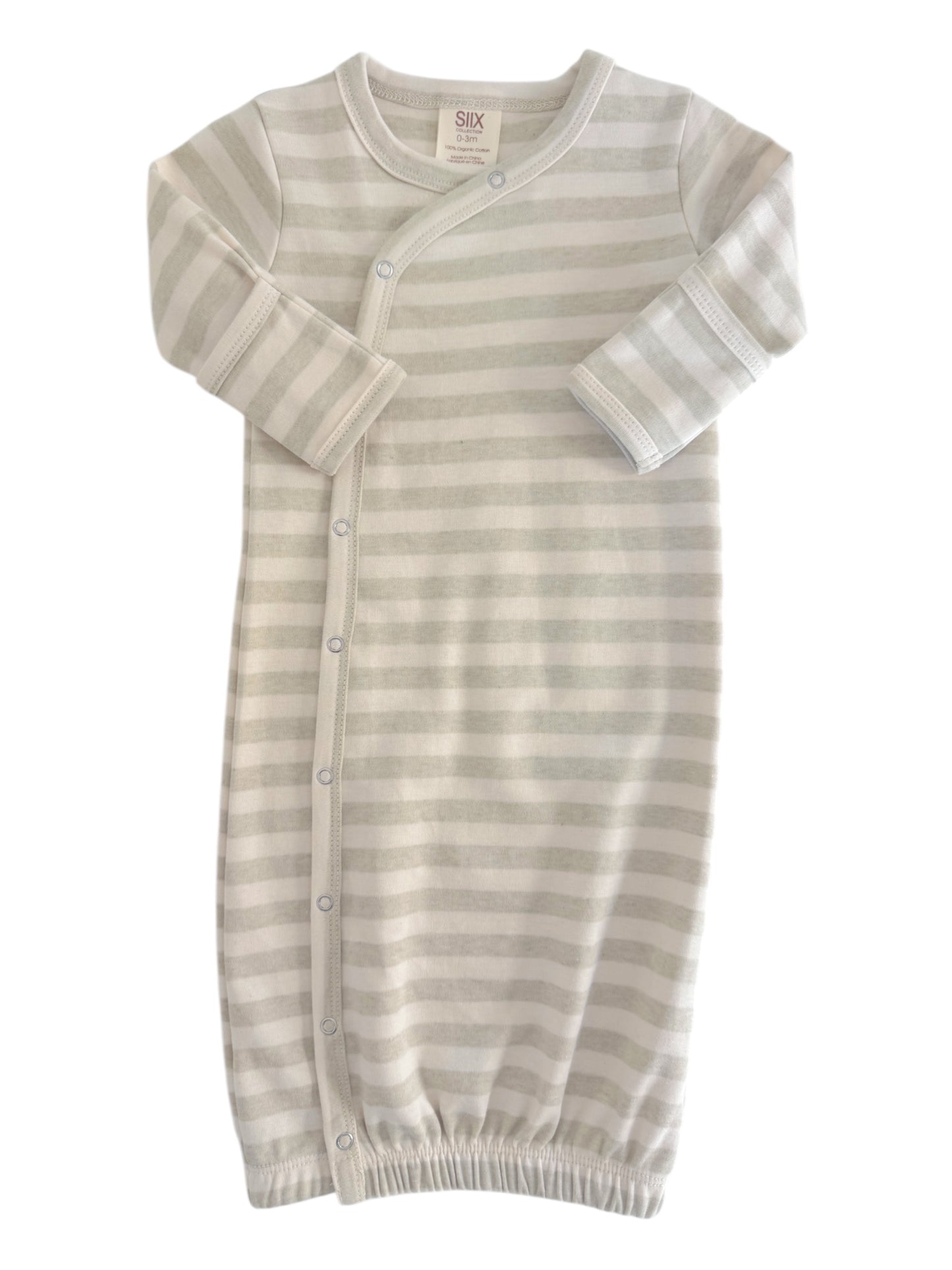 Lightly striped baby gown with round neckline and snap closure, perfect for infants aged 0-3 months.