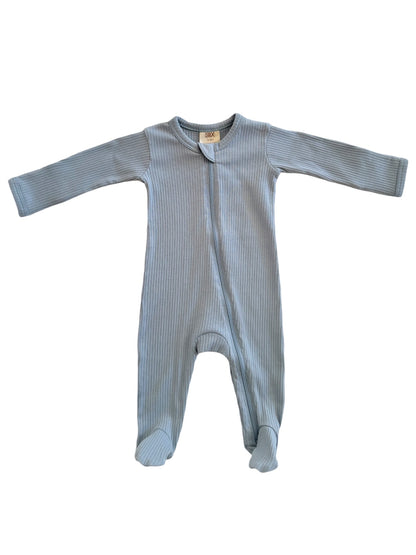 Light blue baby onesie with long sleeves and footed design, featuring a front zip closure.