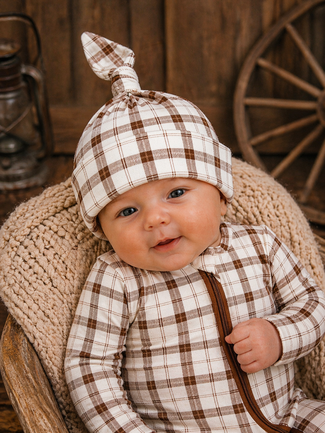 Smiling baby in a plaid outfit and hat, sitting in a cozy setting with wooden decor.