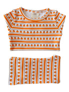 Pumpkin-patterned organic cotton children's outfit in orange and white stripes. Ideal for fall festivities.