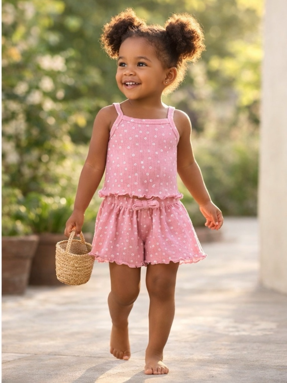 Smiling child in pink outfit holding a small basket, walking on a sunny path surrounded by greenery.