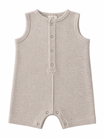 Light gray, sleeveless baby romper with front buttons and a textured fabric design. Ideal for warm weather wear.