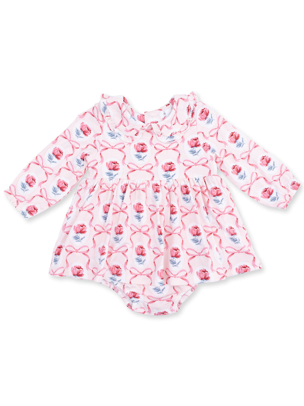 Baby girl's long-sleeve romper with a floral and ribbon design in soft pink tones. Perfect for casual wear.
