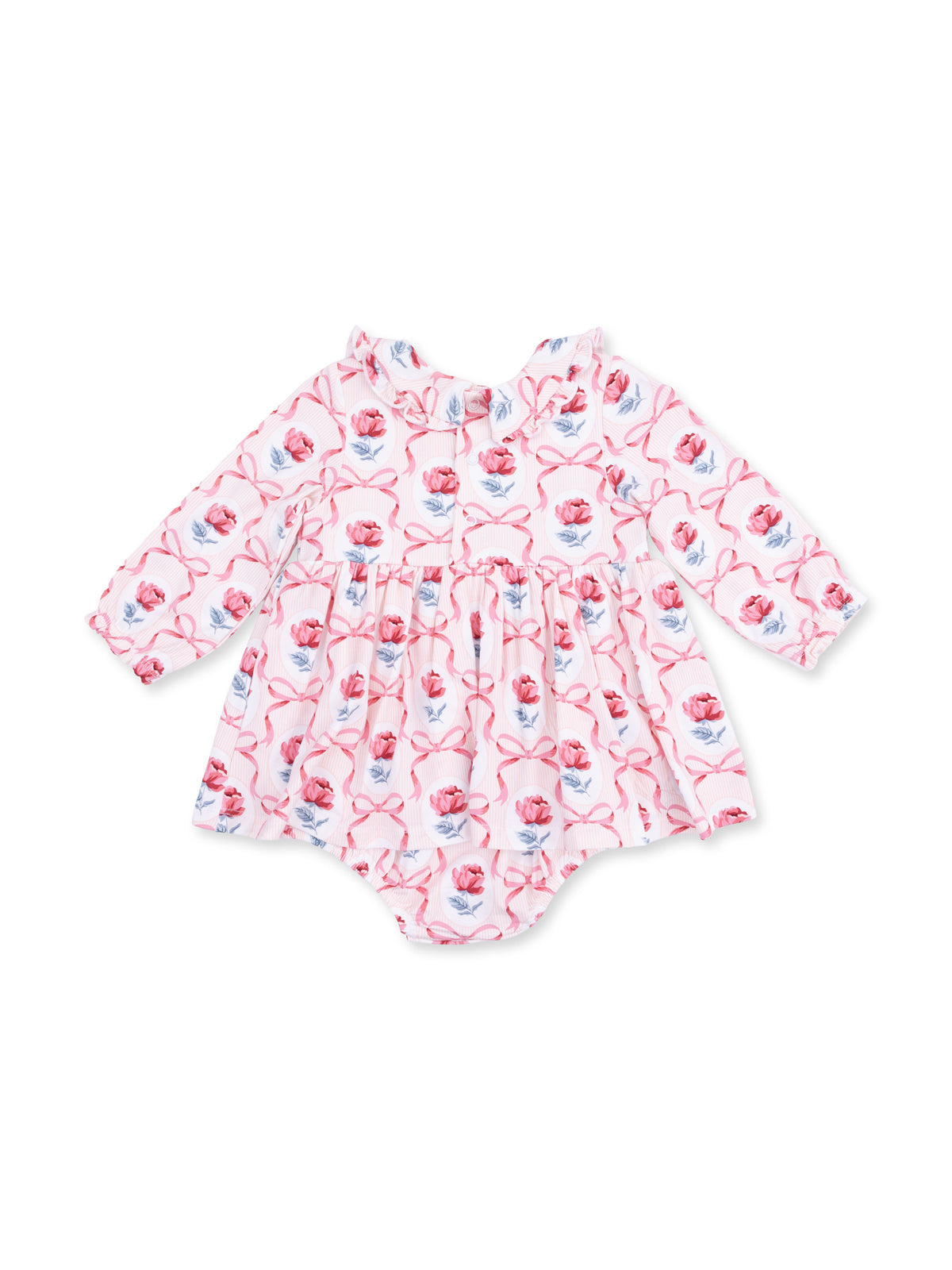 Floral baby dress with long sleeves, ruffled collar, and pink and blue rose pattern on a white background.