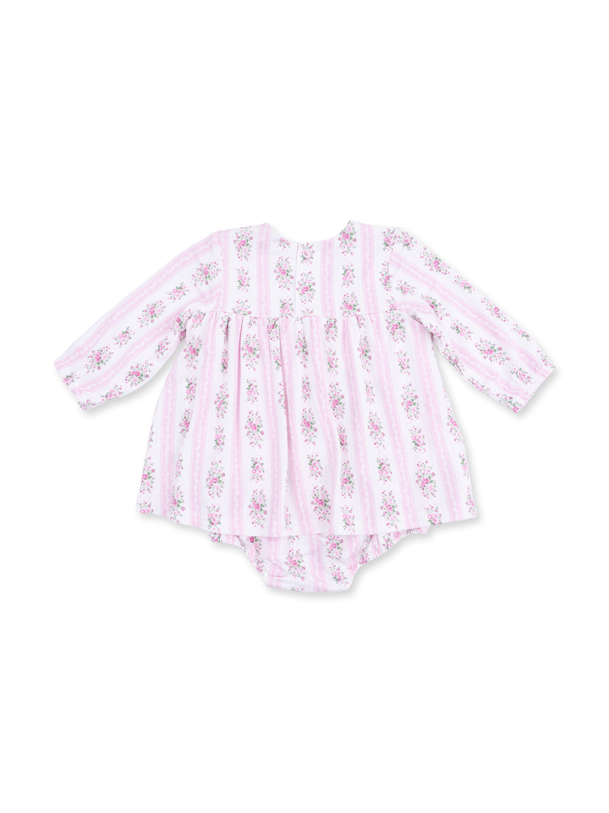 Pink floral baby dress with long sleeves and ruffled skirt, featuring a layered design and white stripes.
