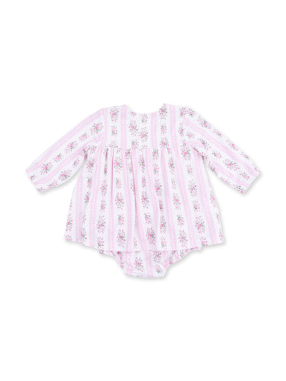 Pink floral baby dress with long sleeves and ruffled skirt, featuring a layered design and white stripes.