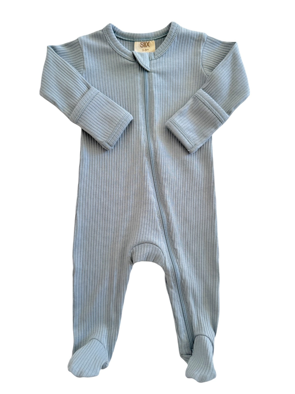 Light blue baby onesie with ribbed texture, long sleeves, and a front zipper for easy dressing.