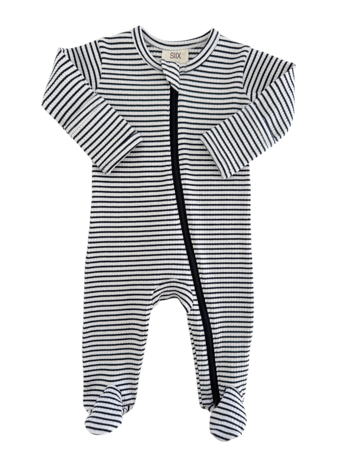Striped infant onesie with long sleeves and footed design, featuring a front zipper closure.