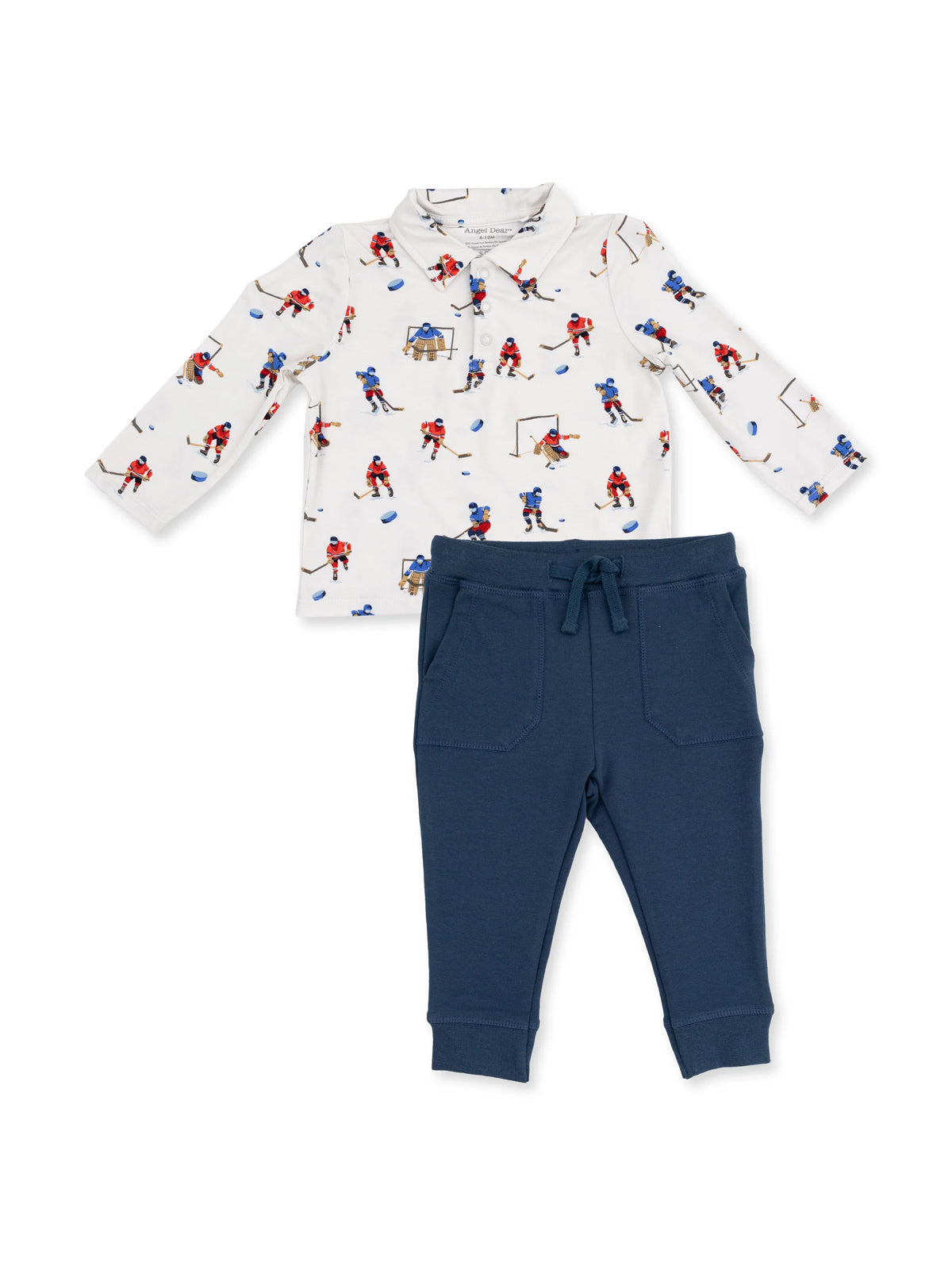 Children's hockey-themed outfit with a long-sleeve top and navy pants.
