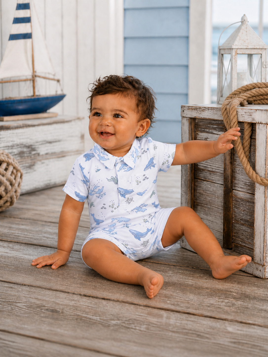 Smiling baby in a whale-printed outfit, sitting on wooden floor with nautical decor in the background.