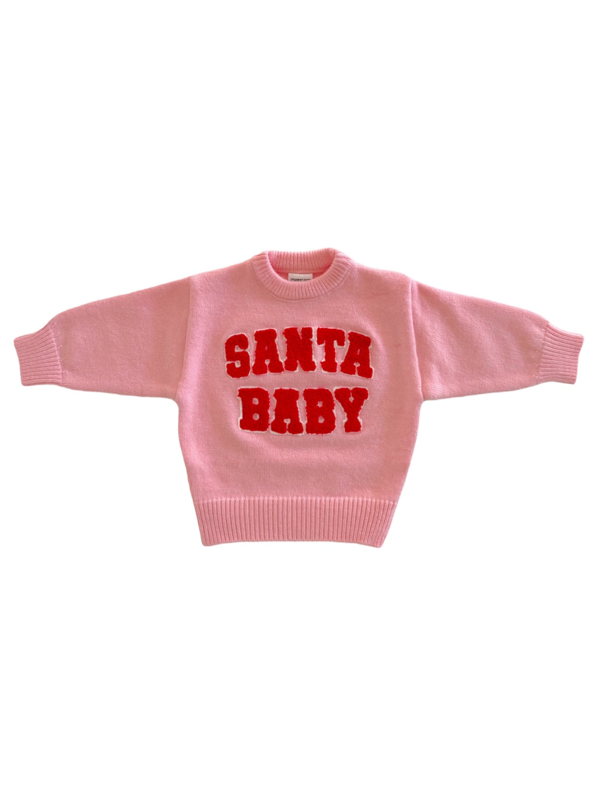 Oversized pink sweater with the text "SANTA BABY" in bold red letters. Perfect for festive occasions.